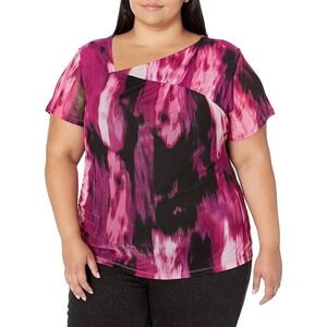 Calvin Klein Blouse Pink‎ Black Plus  Printed Asymmetrical 3X Cocktail Office